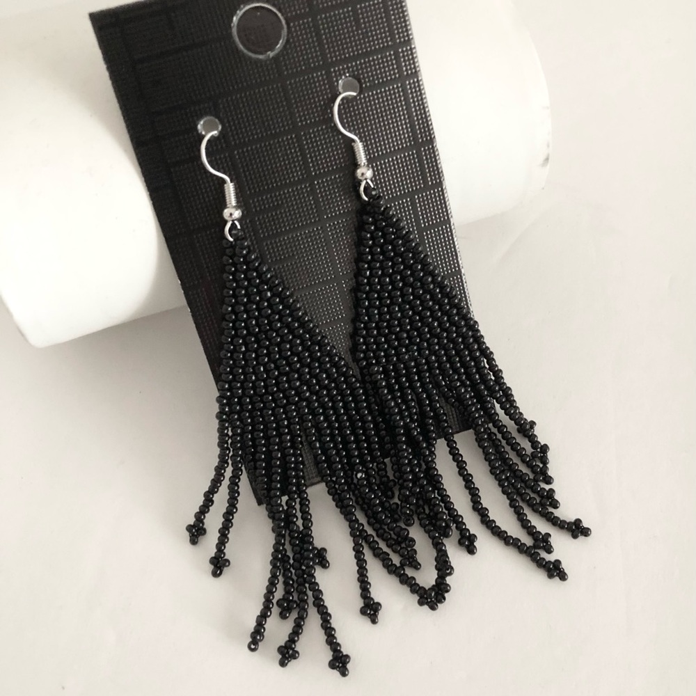 Black Beaded Fringe Drop Earrings